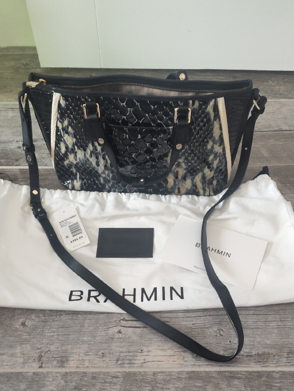 Brahmin Black & Cream Textured Shoulder Satchel with Tassel Charm - Picture 9 of 9